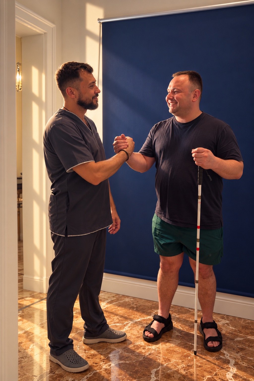 A doctor and a serviceman clasping hands during a rehabilitation visit.